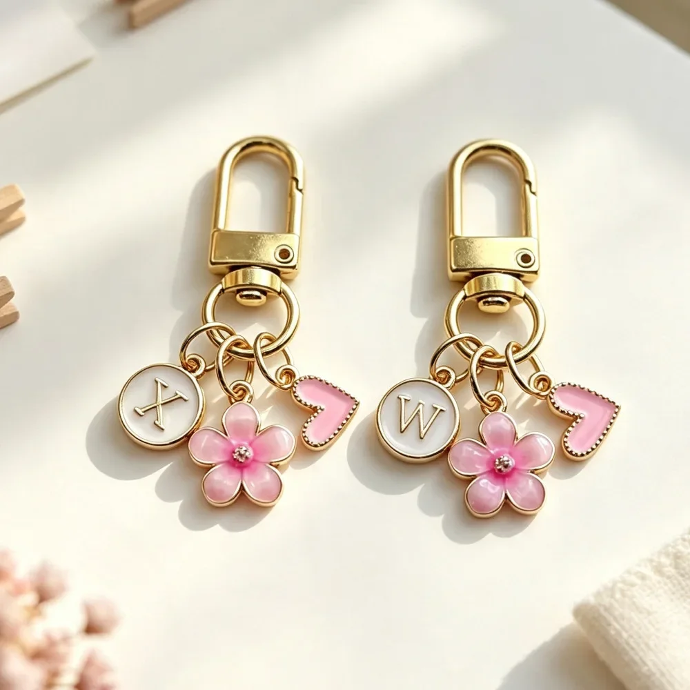 Initial A-Z Letter Pink Cherry Blossom Keychain Heart Enamel Charm Key Ring Chain Bag Pendant Fashion Accessories for Women Gift