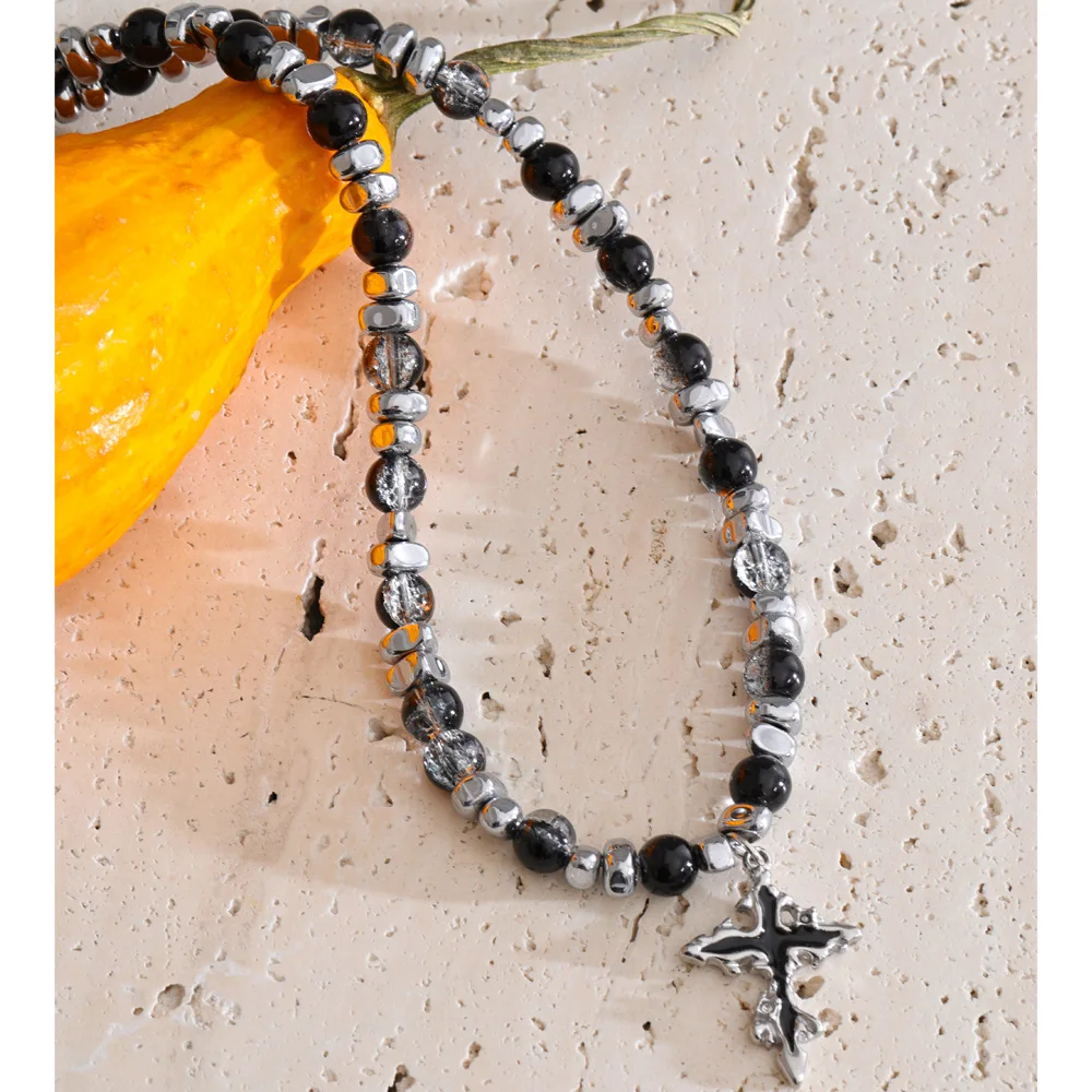 Yhpup Stainless Steel Natural Stone Beads Chain Cross Drop Classic Necklace Men Statement Vintage Handmade 2026 Jewelry