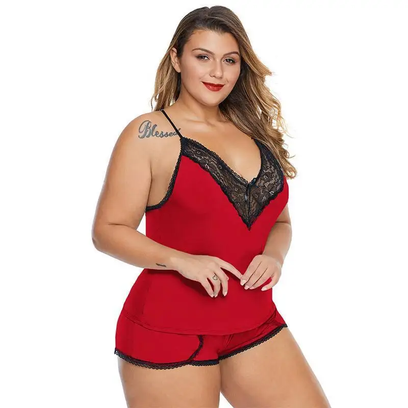 Plus Size Lace Camisole Tops+Short Pants 2023 Oversized Women\'s Solid Sex Lingerie Set For Female Casual Underwear Sleepwear