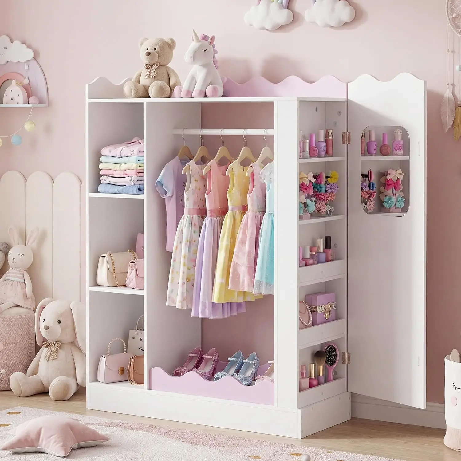Storage Wardrobe with Mirror & Open Hanging Rack, Shelves Cabinet for Bedroom Playroom Preschool, Customized