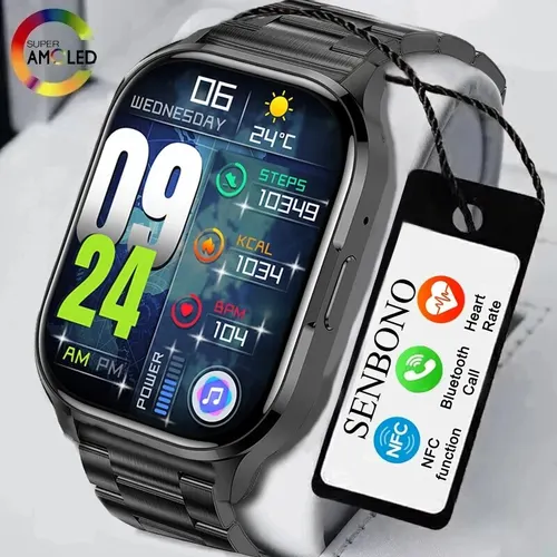 SENBONO 2024 nuevo reloj inteligente AMOLED siempre en pantalla Bluetooth llamada NFC Smartwatch hombres deporte reloj impermeable para IOS Android