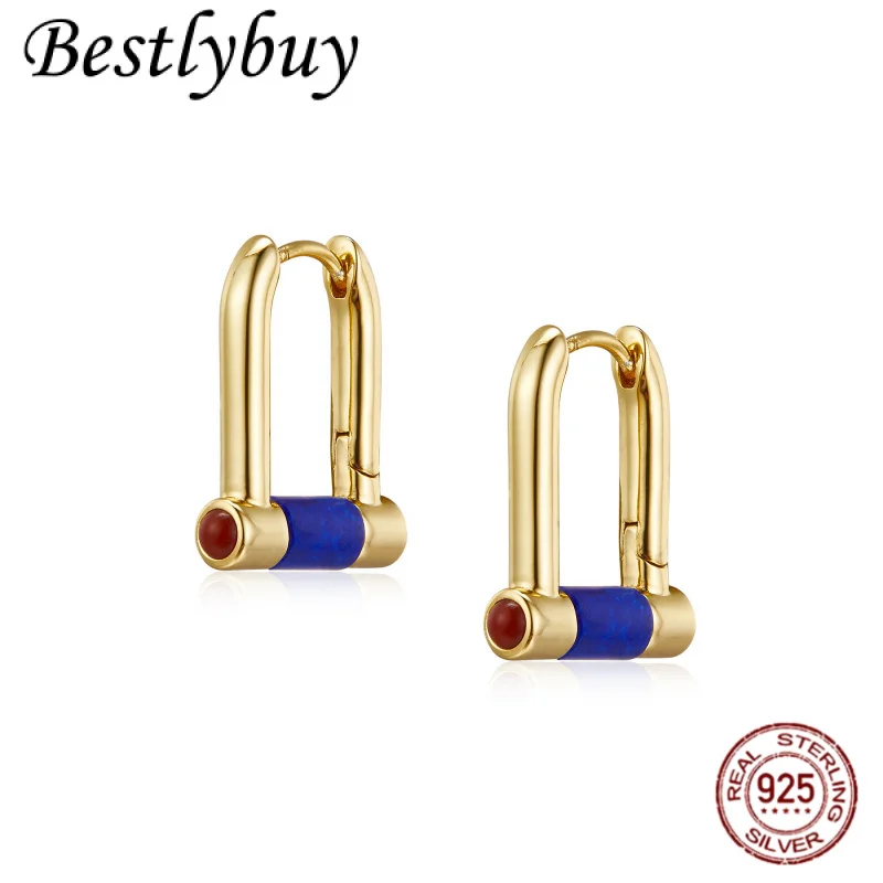 

Серьги-кольца из стерлингового серебра 925 пробы с натуральным лазуритом U-образной формы, женские оригинальные дизайнерские модные роскошные французские украшения 18 карат