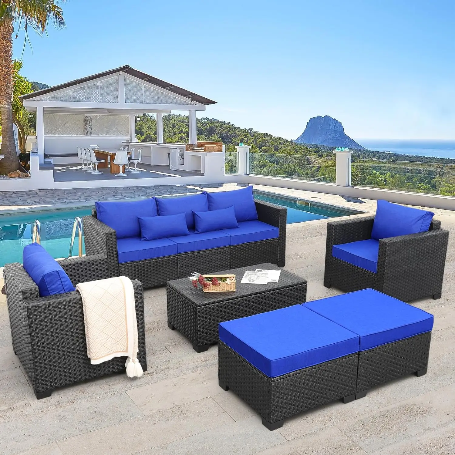 

6 Pieces Patio Wicker Furniture Set Outdoor PE Rattan Conversation Couch Sectional Chair Sofa Set Royal Blue Cushions