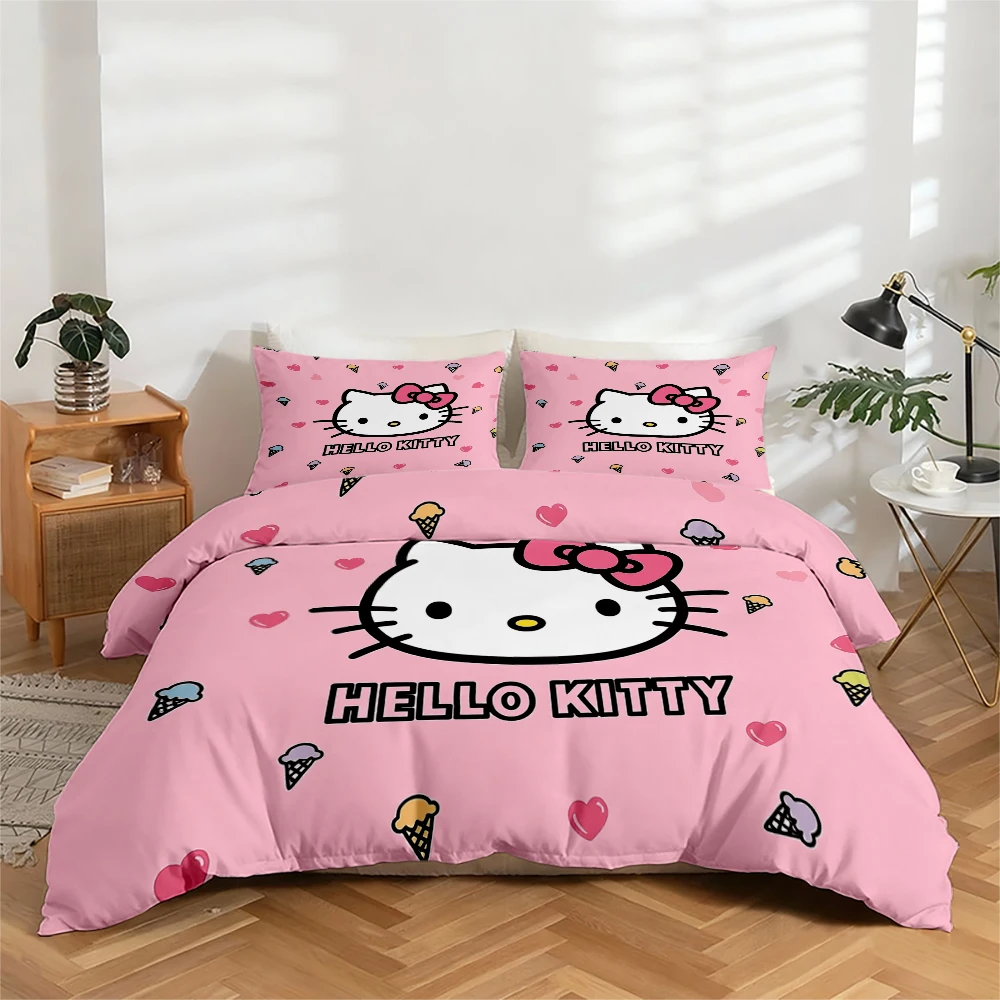 

3-Piece High-Definition Digital Print Bedding Set with Hello Kitty Pattern, Large Floral Design Duvet Cover Set, Includes 1 Duvet Cover + 2 Pillowcases, Suitable for Bedroom, Guest Room, Home Decoration, Polyester Fiber Duvet Cover + Pillowcases, Ultra-So