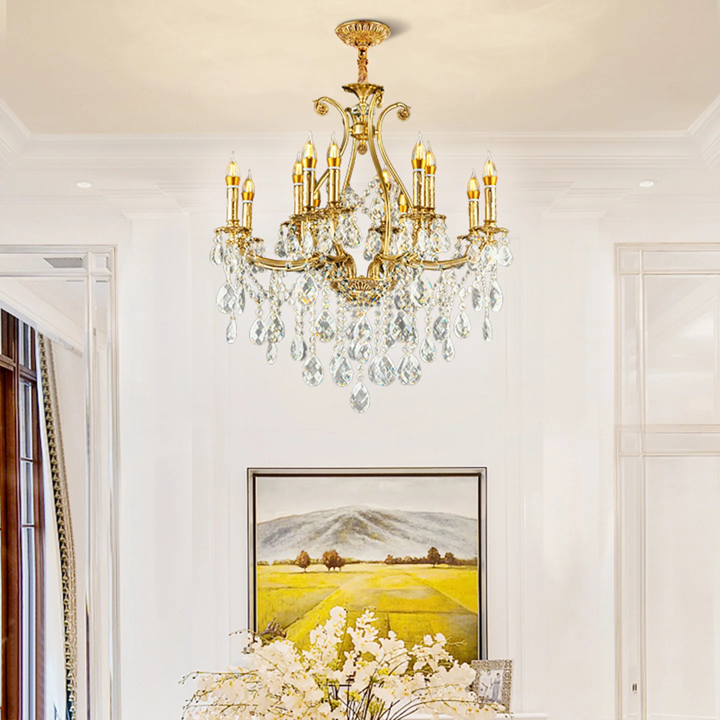 French Baroque Classic Living Room Dining Room Luxury Crystal Chandelier Villa Apartment Indoor Dewaxed Copper Pendant Light