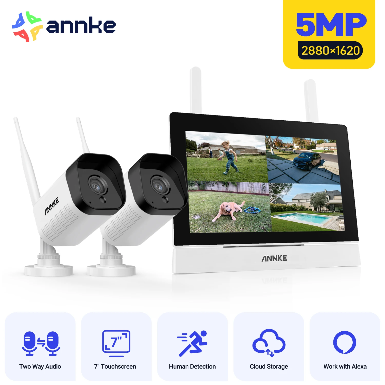 Annke 3MP 5MP Draadloos CCTV-systeem 4CH NVR Outdoor wifi camera 7-inch touchscreen Tweeweg Audio 2/4 Stuks Wifi beveiligingscamera