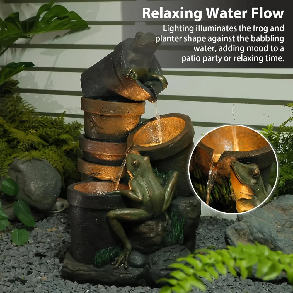 نوافير حديقة 27.2 بوصة ارتفاع نافورة مياه خارجية، ضفدع برميل متتالي من 3 طبقات مع أضواء LED ومضخة لساحة فناء المزرعة ديسمبر #4