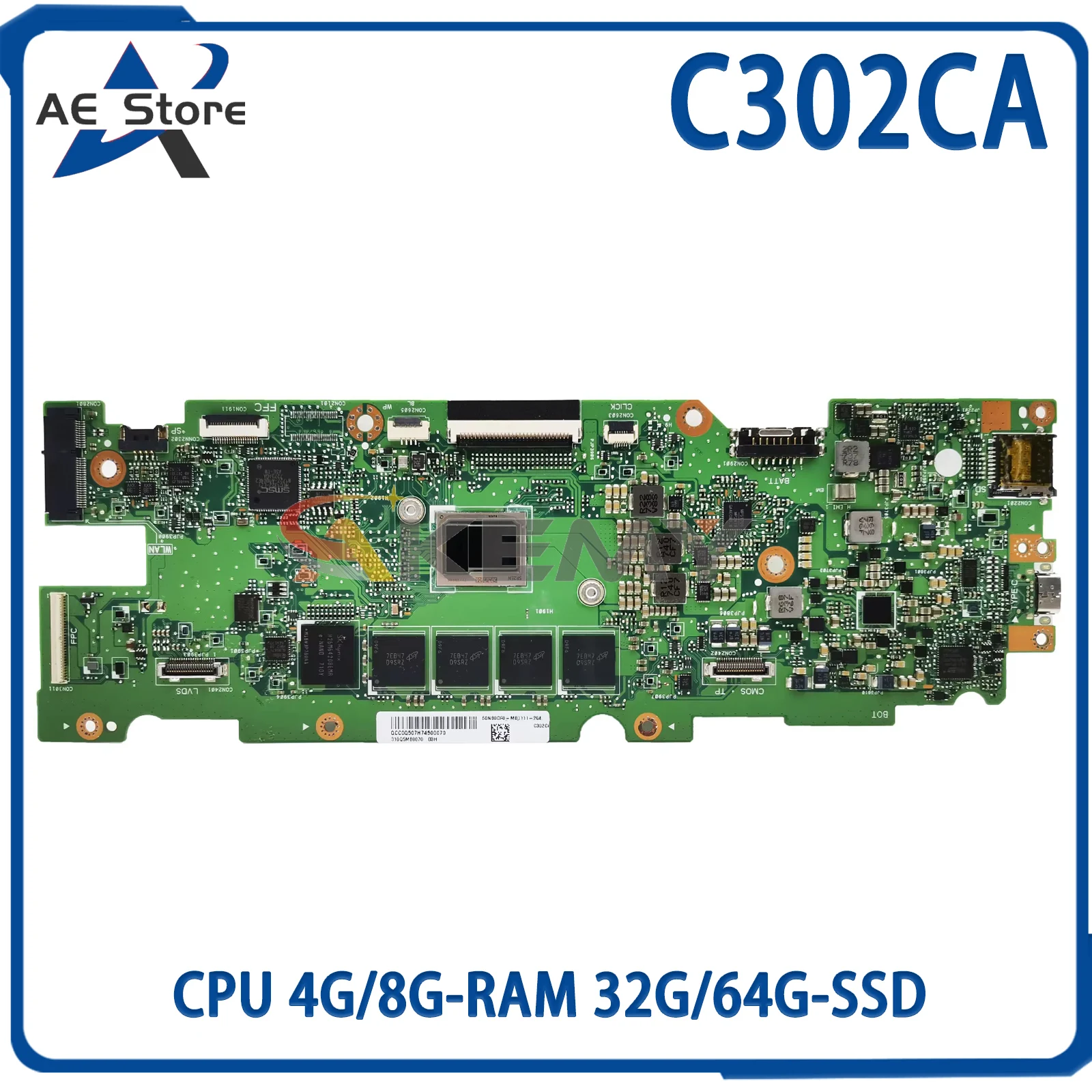 

AE C302CA Laptop Motherboard For ASUS Chromebook C302C C302CA Mainboard M3-6Y30/M5-6Y54/M7-6Y75 CPU 4G/8G-RAM 32G/64G-SSD