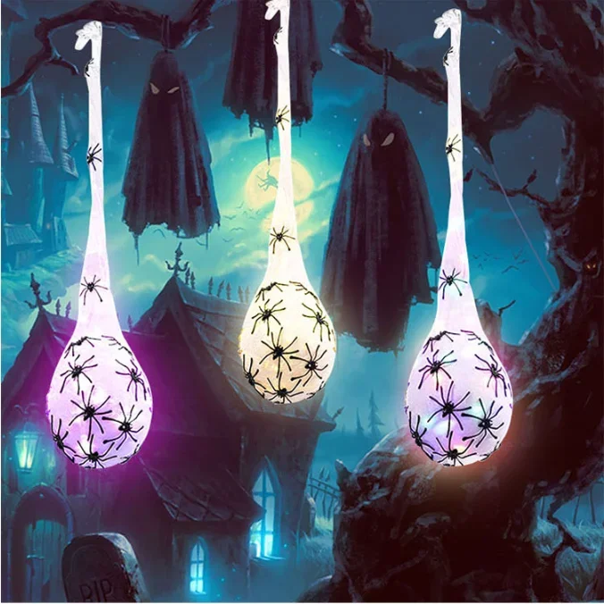 [Funny] 3pcs/set Halloween Terror spider web Spider egg LED Light Doll toys courtyard hanging decoration Decor House Party Props