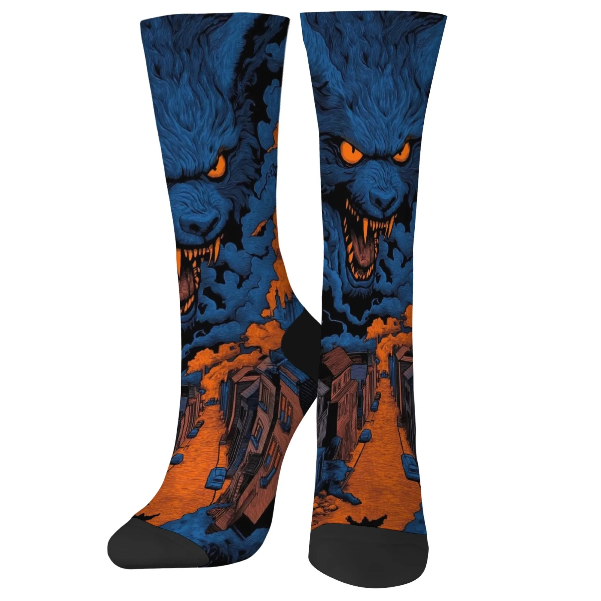 

Dark Giant Wolf City Mid-Calf Socks Fluorescent Orange Blue Color Block Print Monster Street Style Unisex Daily Party Socks