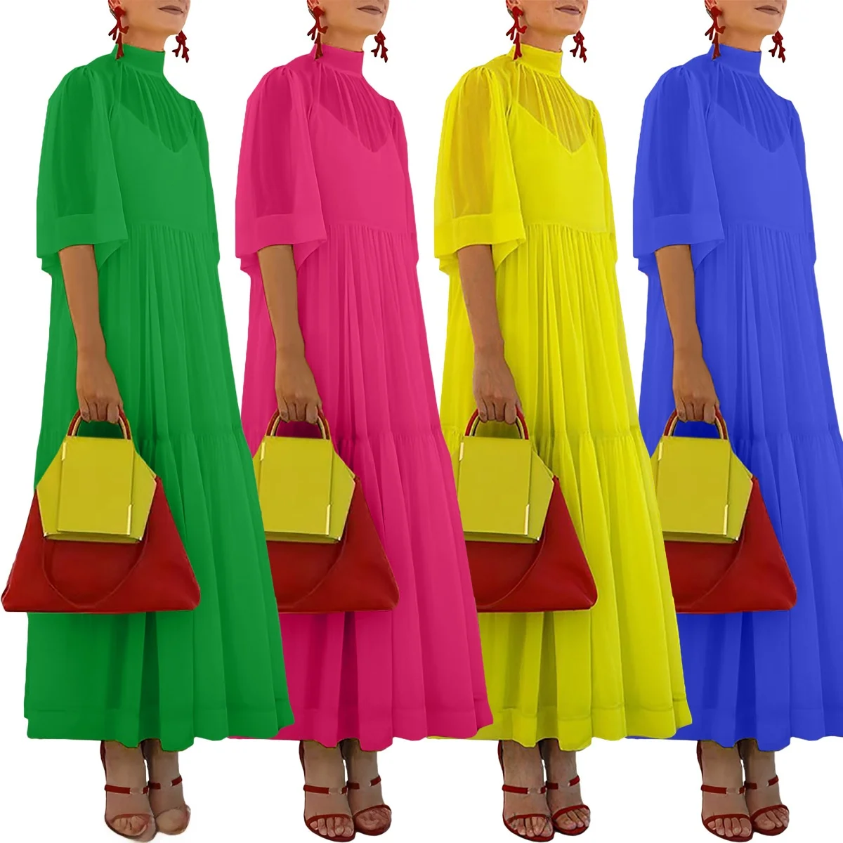 

Шифоновое длинное женское пальто на весну, осень и зиму с круглым вырезом, короткими рукавами и внутренней юбкой на бретелях