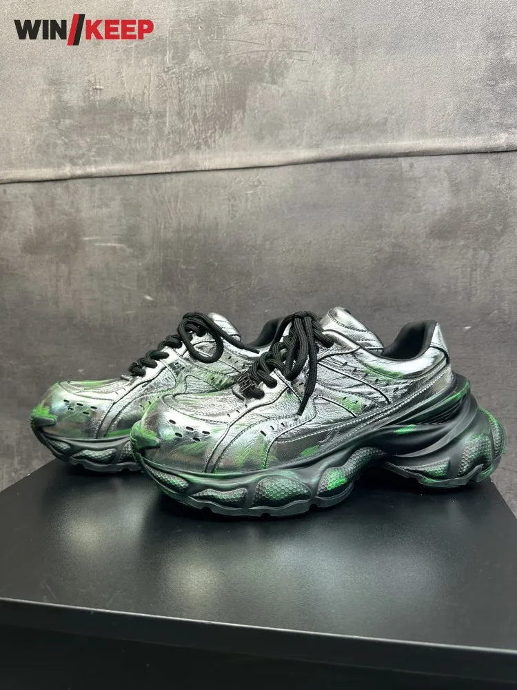 

Уличные мужские серебристо-зеленые толстые кроссовки на платформе для бега на шнуровке, дышащие кроссовки из натуральной кожи, спортивная обувь для бега