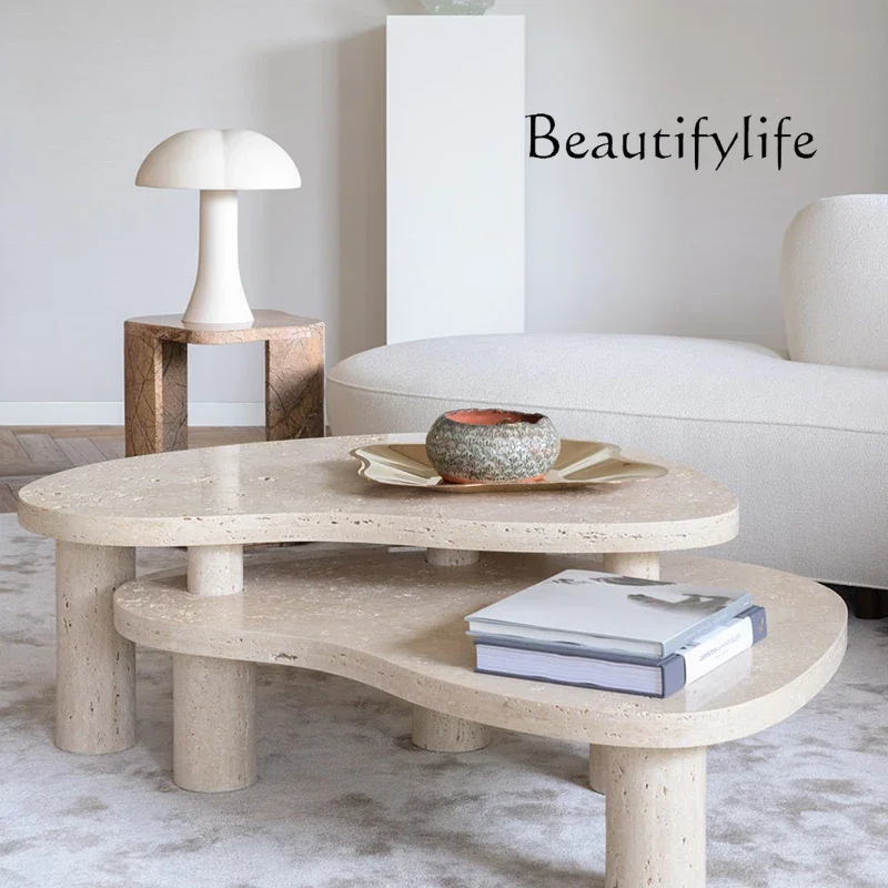 BJ Minimalist Natural Travertine Special-shaped Coffee Table Designer Marble Light Luxury Living Room Sofa Coffee Table