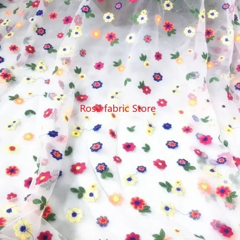 Colorful flower embroidery lace fabric floral white beige black soft tulle for wedding dress girl dress Veil 51" width 1 yard