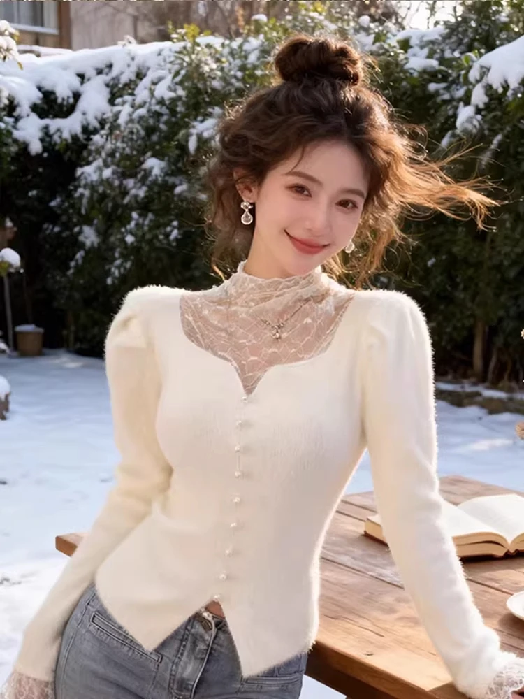 

Slim Fit Lace Splice f High Collar Knitted Sweater Women's Autumn Winter Faion Brand Button Casual Sle Long Sve Top