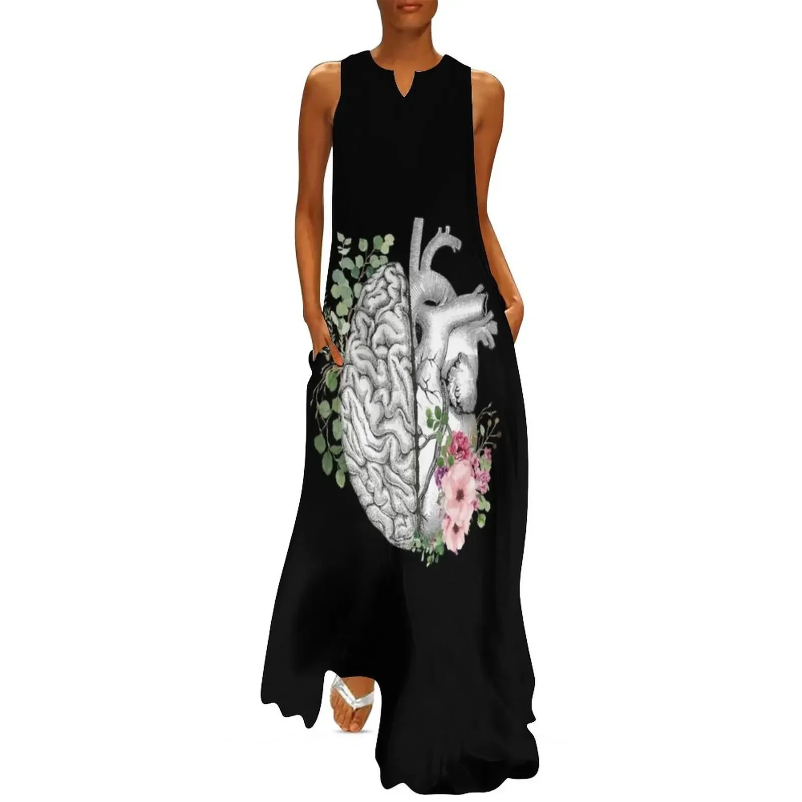 

Right balance between brain and heart, pink roses and leaves, watercolor Long Dress elegant chic women dresses promotion Dress