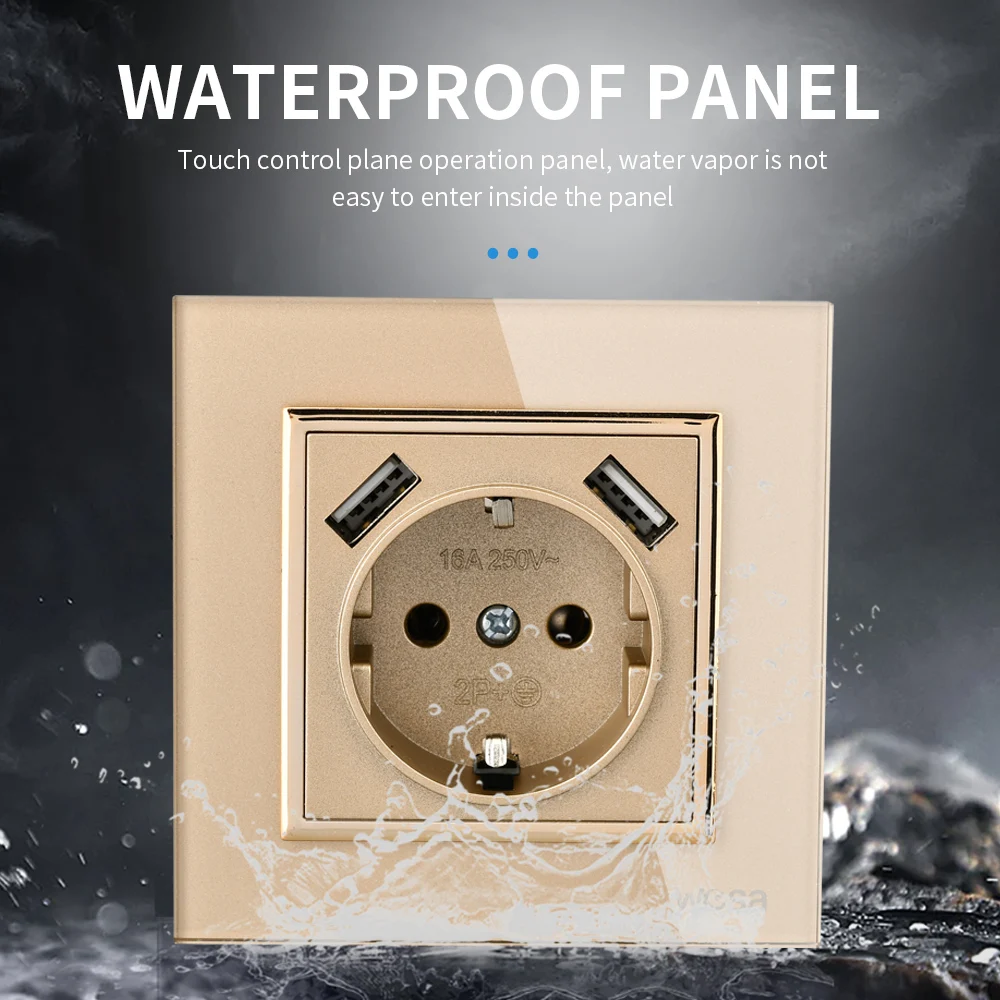 WESA Crystal Tempered Glass Panel Golden Wall Socket Retardant EU Standard 2 USB Power Socket Electrical Outlet Standard Ground