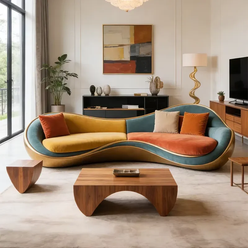 Luxury Modern Curved Velvet Sofa Living Room Furniture Set Cloud  Unique Modeling Seat