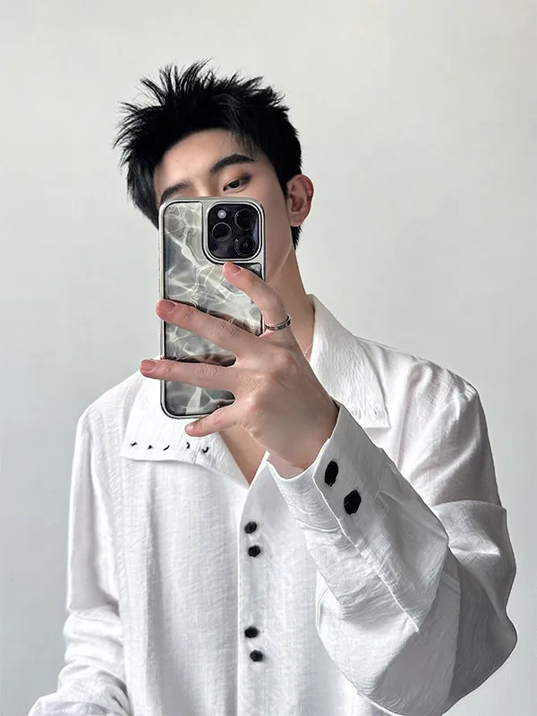 

ex Long Sve irt Drapey Stand Collar Multi-Button Design Versatile Casual Sle Premium Feeling Cotton Polyester Blend