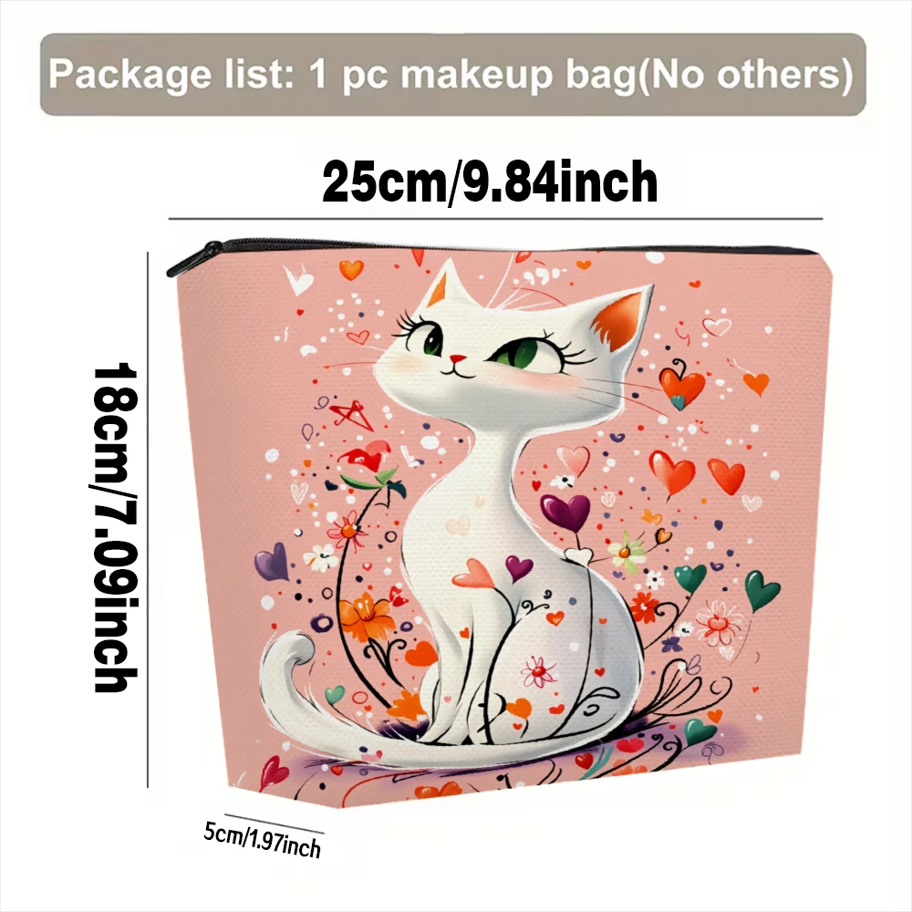 Cute Cat Hearts Flowers Pattern Makeup Bags for Girls Cosmetic Pouch Toiletry Bag Pencil Case Travel Storage