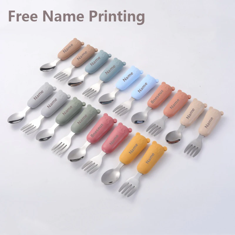

Free Name Printing Silicone Handle Stainless Steel Fork Spoon Boy Girl Gift Suitable for 3-12 Year Olds