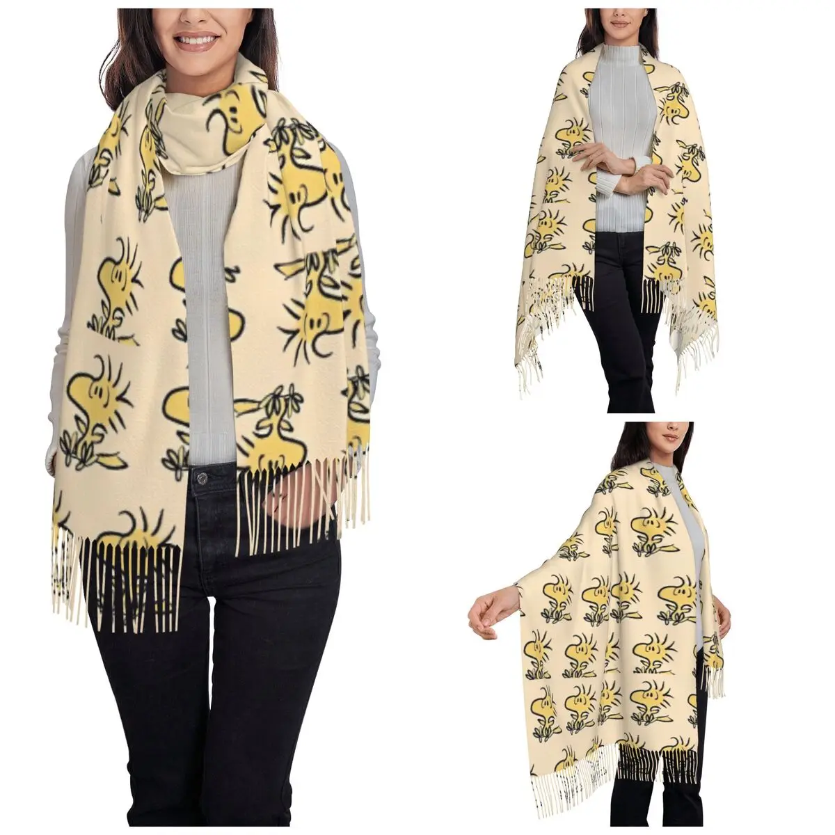 Womens Tassel Scarf Peanuts Snoopy Many Woodstock Long Soft Warm Shawl Wrap Cartoon Cute Daily Wear Pashmina Scarves