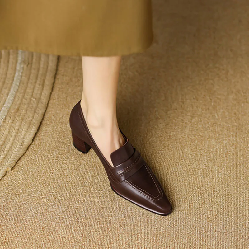 

British Style Women's Leather Shoes Thick Heel Loafers Fashion Versatile Retro Brown Mid-Heel Genuine Leather Pointed Toe Deep M