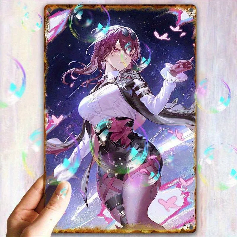 Vintage Anime-Style Metal Tin Sign - Colorful Magical Girl Artwork with Cosmic Stars & Butterflies, Durable Indoor/Outdoor Wal