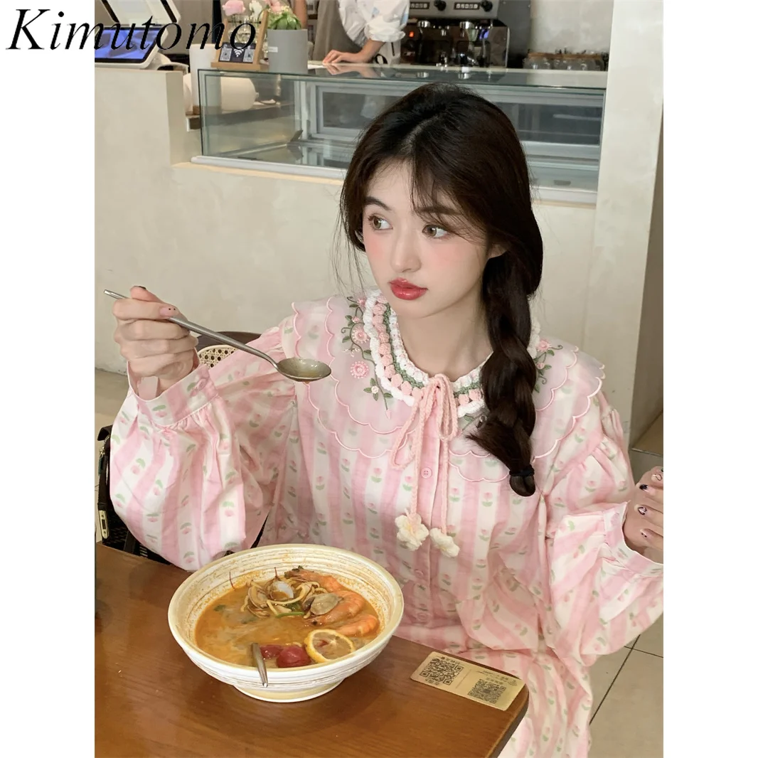 Kimutomo Heavy Industry Embroidery Pink Dress for Women Mesh Peter Pan Collar Loose Mini Dresses Korean Single Breasted Shirt