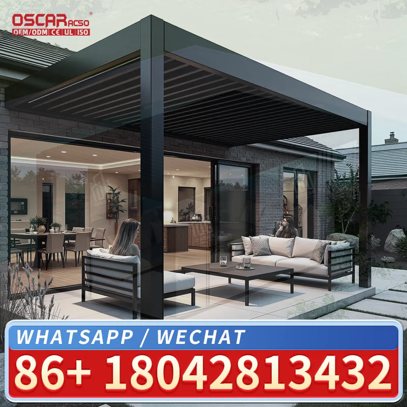 20X20 European Luxury Electric Aluminium Outdoor Motorized Solar LED Lights Garden Patio Balcony Retractable Pergola Villa Backy