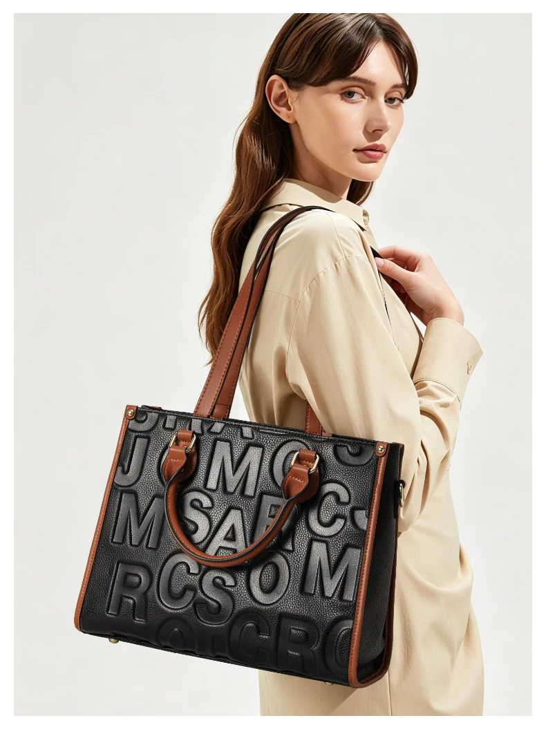 Große Kapazität Multi-Taschen Rindsleder Damen Tragetasche Buchstaben-Prägung Farbblock Handtasche Tragbare Schulter-Pendlertasche – Detail 1
