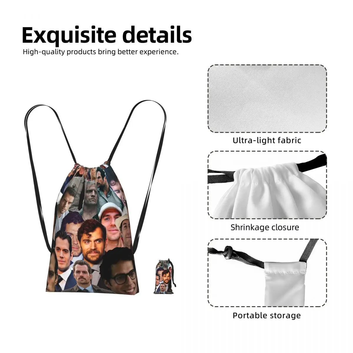 Henry Cavill Photo Collage Drawstring Backpack Sports Gym Bag Lightweight Foldable Storage Drawstring Bag for Men Women