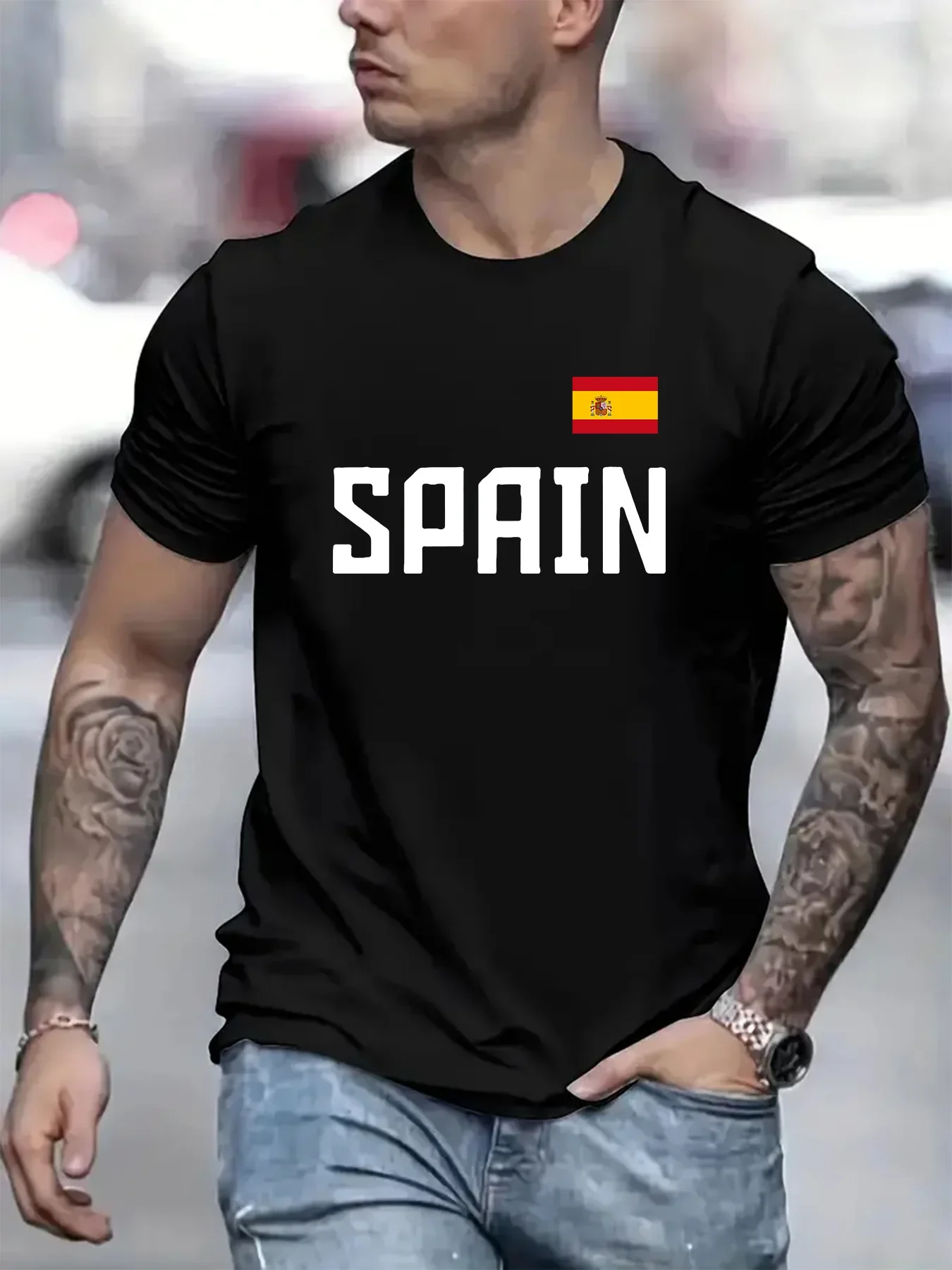 

Fashionable summer men's clothing, simple printed Spanish flag T-shirt, casual round-neck sports outdoor pure cotton clothing