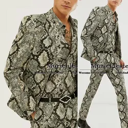 Special Snake Printed Suits Men Bespoke Single Breated Jacket Pants 2 Pieces Business Office Prom Blazer Man Daily Work Clothing