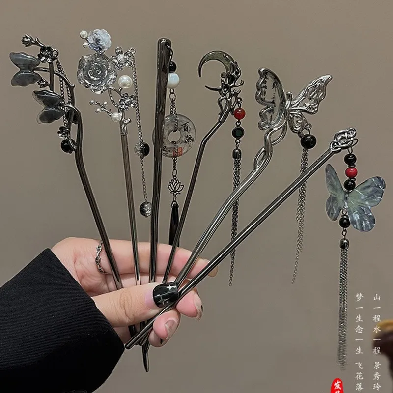 Retro Chinese Style Tassel Hair Clip for Women Hair Stick Pins Butterfly Handmade Black Hairpins Charm Jewelry Hair Ornaments