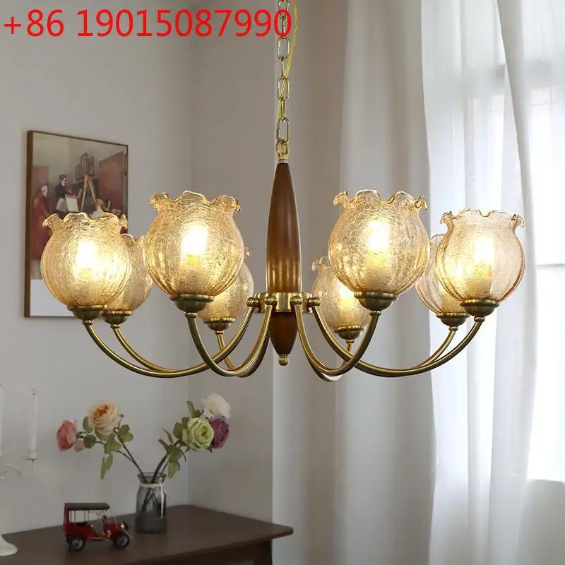 

Vintage copper natural color living room solid wood chandelier French dining room creative flower glass crack lampshade