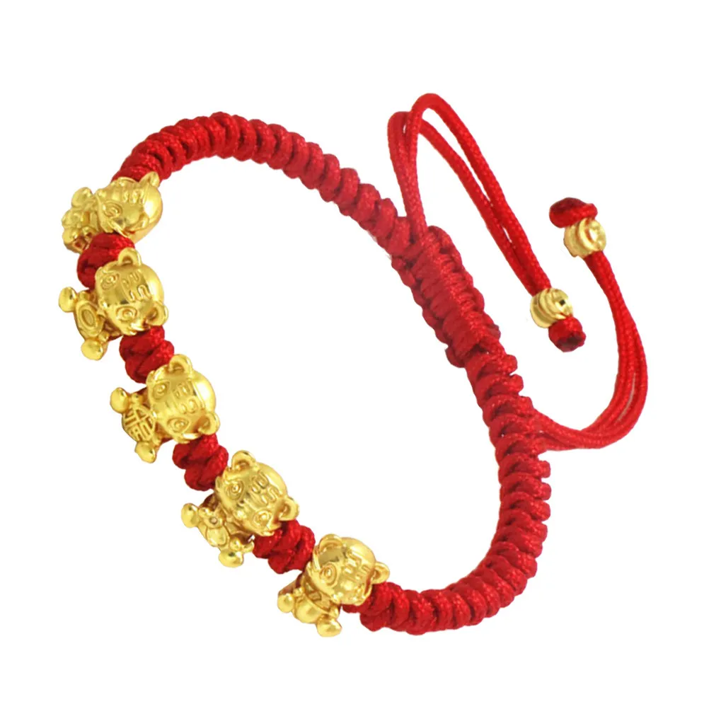 Red Alloy Polyester Tiger Zodiac Bracelet Lucky New Year Gift Decorative Wrist Chain for Women Men Festival Blessing Accessory