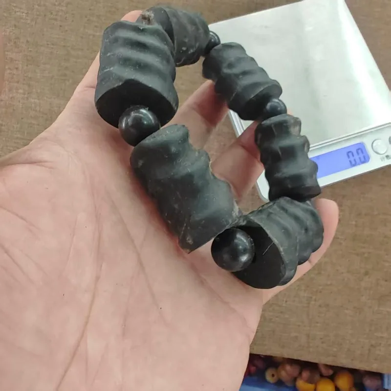Unisex Folk‑style Talisman Bracelet Antique Matte Black Tube Beads Carved Pattern Personality Good‑luck Wrist Ornament