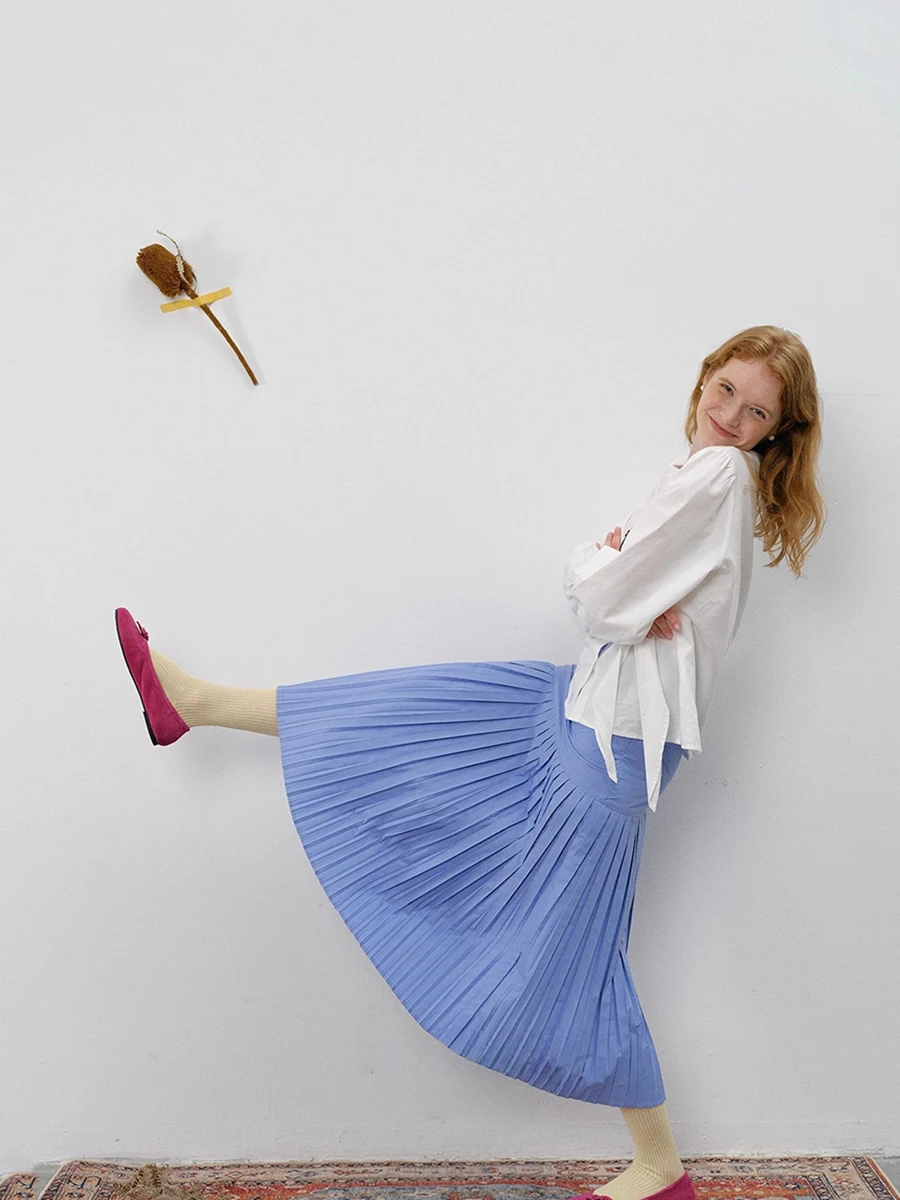 REDDACHiC السماء الزرقاء المرقعة الطية تنورة مكتب العمل عادية الصلبة رقيقة عالية الخصر ألف خط فلوي تنورة طويلة الصيف النساء قيعان