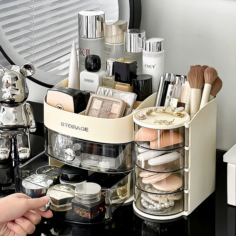 Organizador de brochas de maquillaje giratorio de 360 grados, organizador de escritorio, caja de almacenamiento de cosméticos con cajones, cesta de almacenamiento de gran capacidad