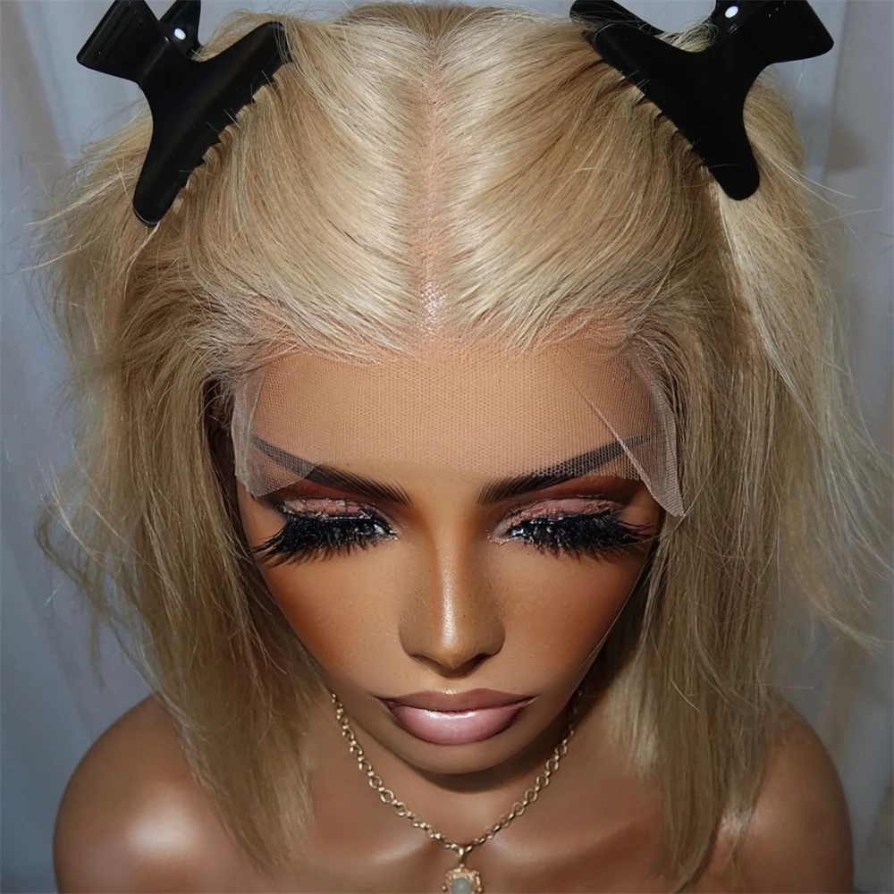 12 Inches Ombre Light Golden Blonde Synthetic HD Lace Front Wig For Fashion Women Short Straight Wig Realistic Look Hairline