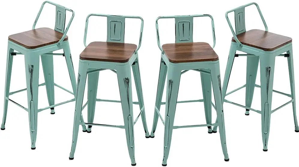 Bar Stools Set of 4 Counter Height Stools Industrial Metal Barstools with Wooden Seats(24 Inch, Distressed Green Blue)