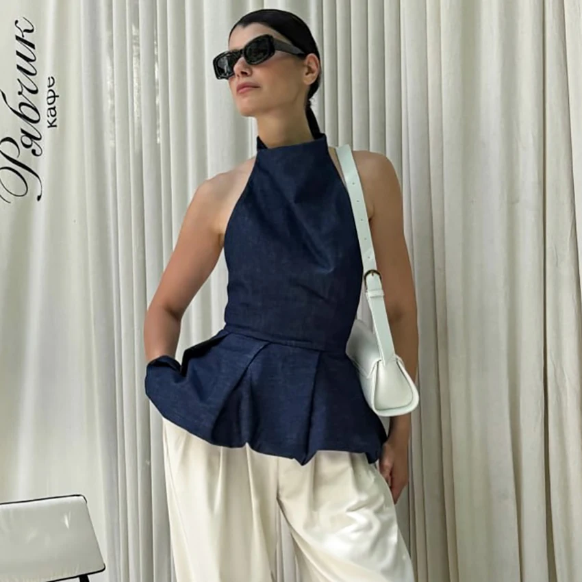 

Linad Sexy Blue Backless Ruffled Halter Vest Street Chic Sleeveless Tank Top For Women Elegant Solid Tops Female 2025 Summer