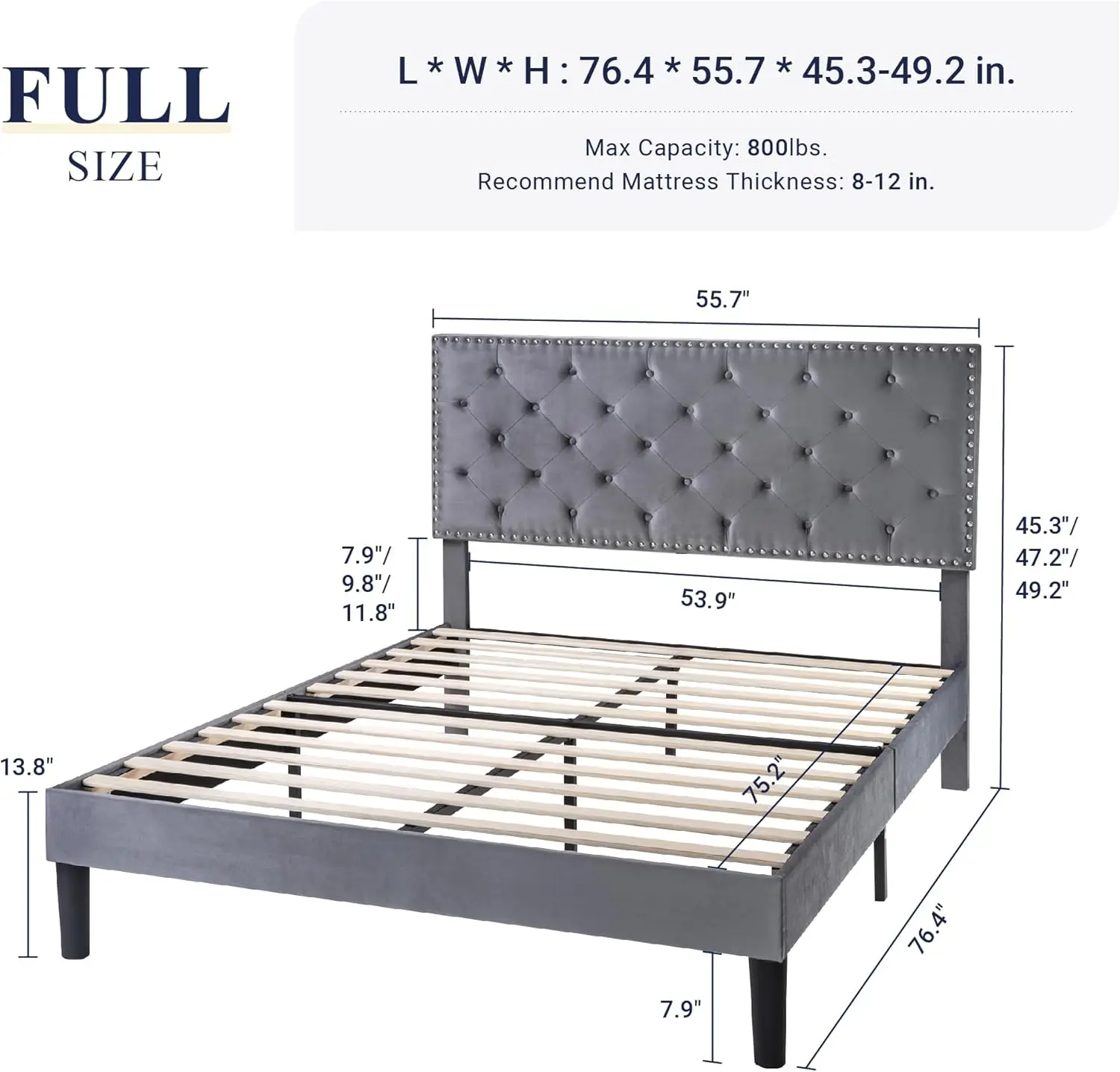 Full Bed Frame, Velvet Upholstered Platform Bed with Adjustable Diamond Button Tufted &Nailhead Trim Headboard Wood Slat Support