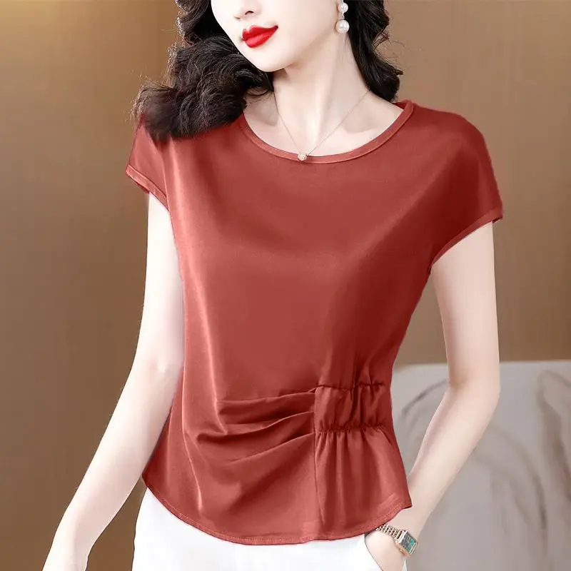 Korean Atmosphere Simplicity Fashion Summer Short Sleeved T-Shirts Women\'s Round Neck Solid Satin Folds Patchwork Slim Waist Top