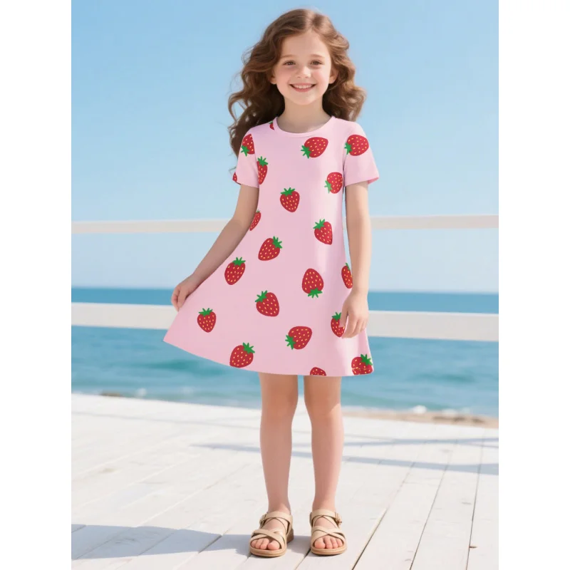 

Summer Hot Sale Girls Strawberry Print Dress Cute Short Sleeve Pink Casual Kids' Beach & Vacation Outfit