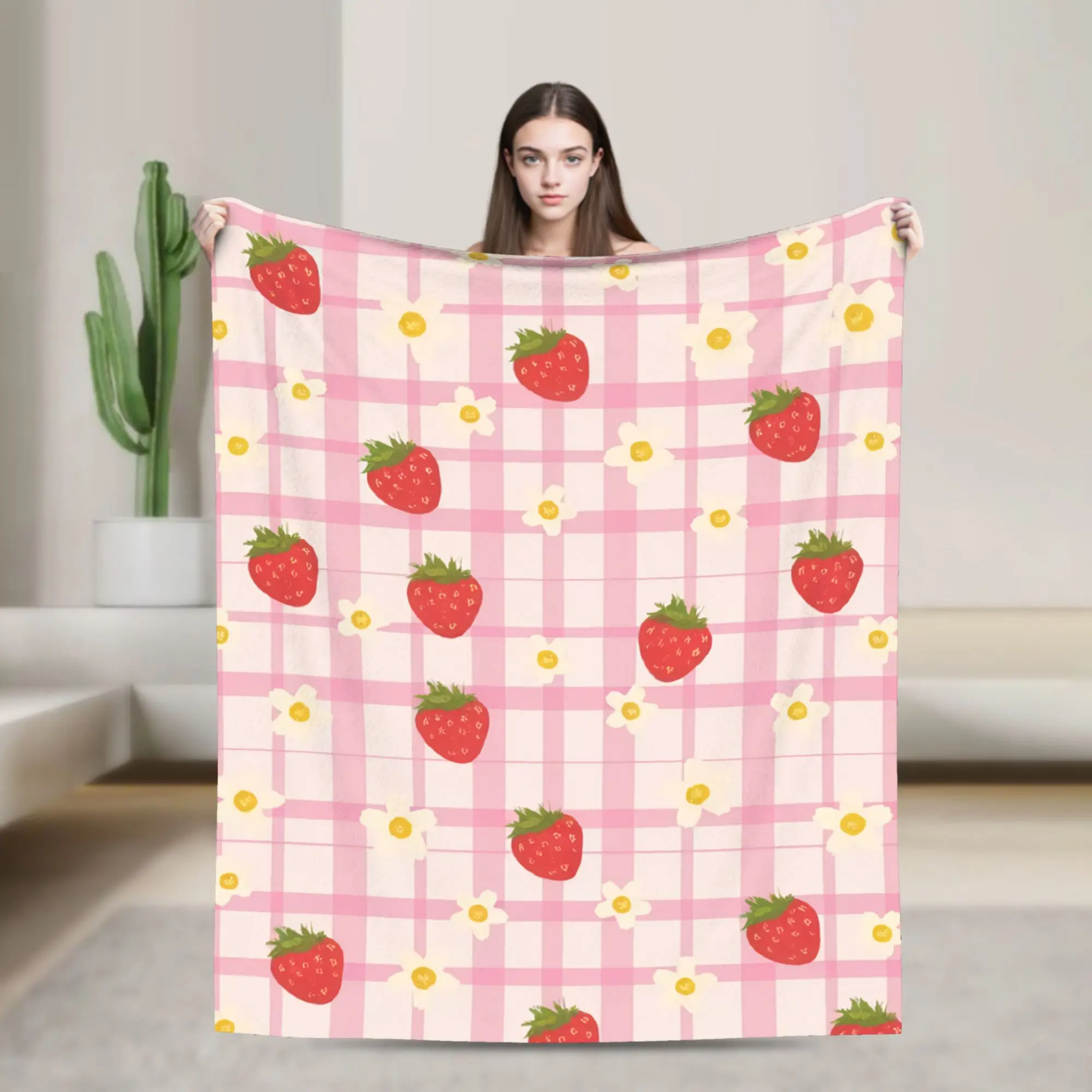 Strawberry Gingham Daisy Cottagecore Strawberry Fields Floral Pink Plaid Fleece Throw Blankets  Blanket for Sofa Car Bedspread