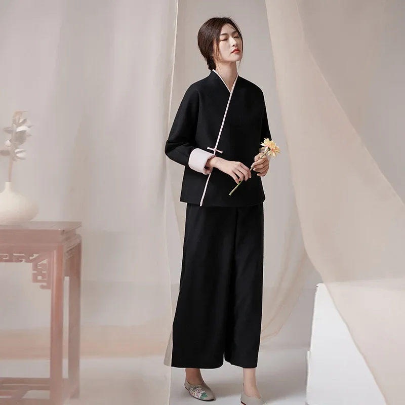 Spring Black Woolen Coat Culottes Two-piece Set For Women Chinese Thickened Tang Suit Elegant Tea Clothes Casual Home Clothes