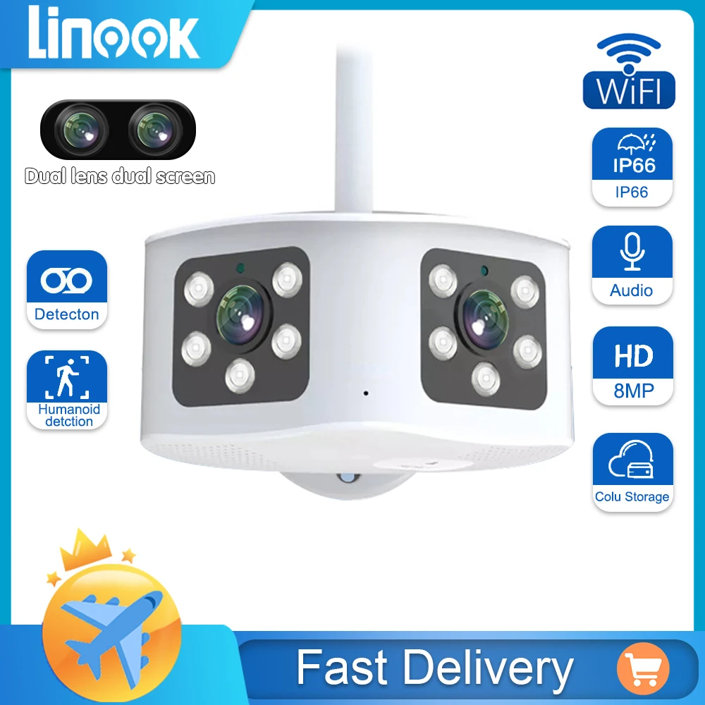 Linook 4K 8MP CCTV Wireless Outdoor Camera Dual Lens Wide Angle 180 wfii Secure IP Camera Bidirectional Call Color Night Vision