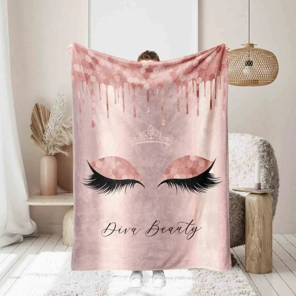 1pc Pink Eyelash Crown Print Flannel Blanket,Soft Cozy,For Travel Sofa Bed Home Decor,Birthday Gift For Teen Adult and Kid